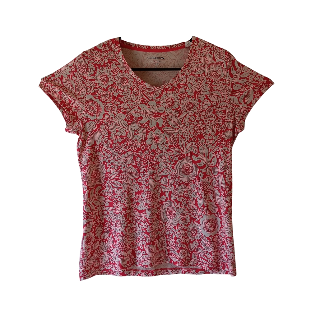 Croft & Barrow women's red/white floral short-sleeve v-neck top size L - Picture 3 of 9